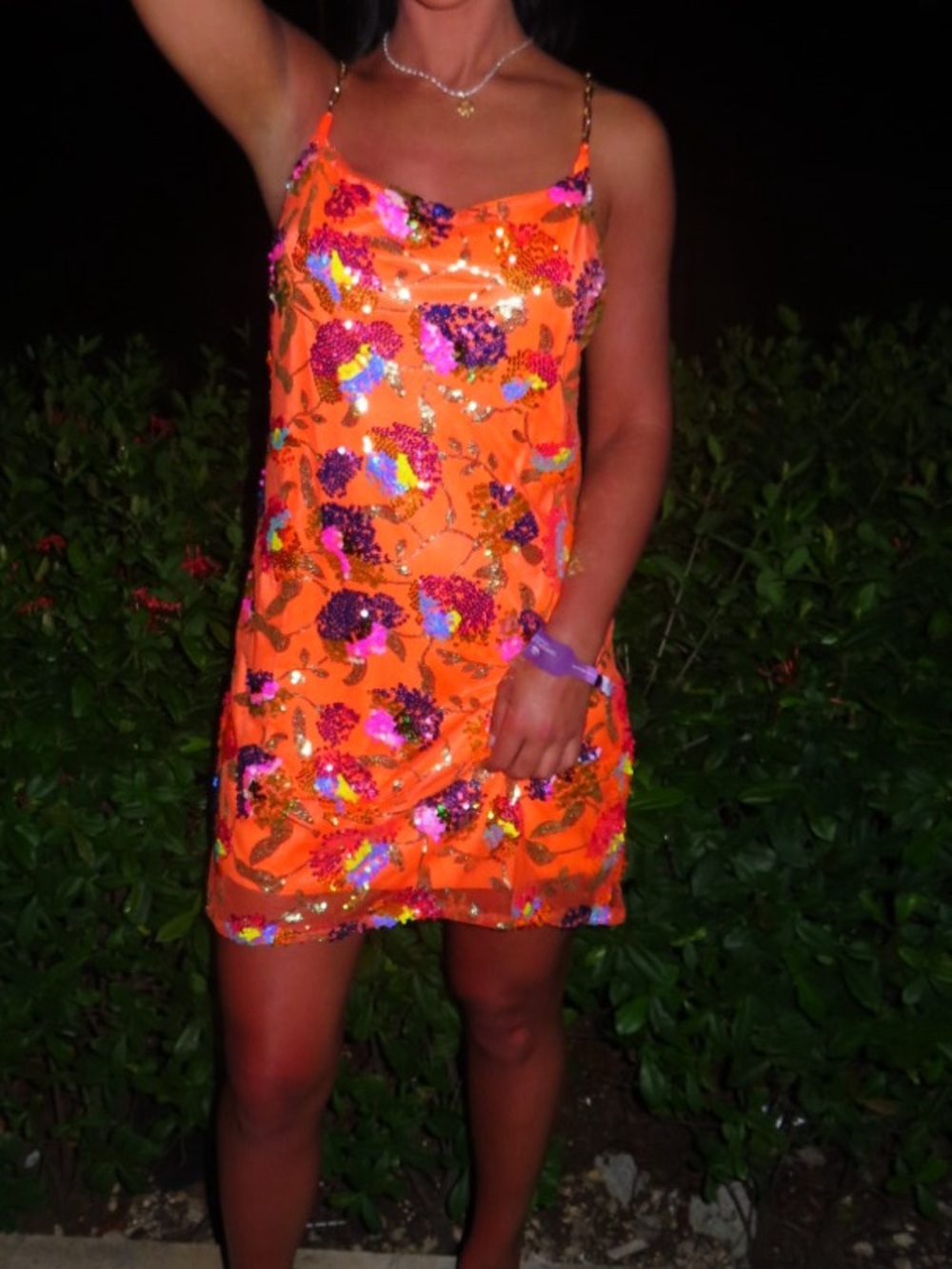 Bright Orange Sequin Floral Slip Dress with Gold Chain Straps